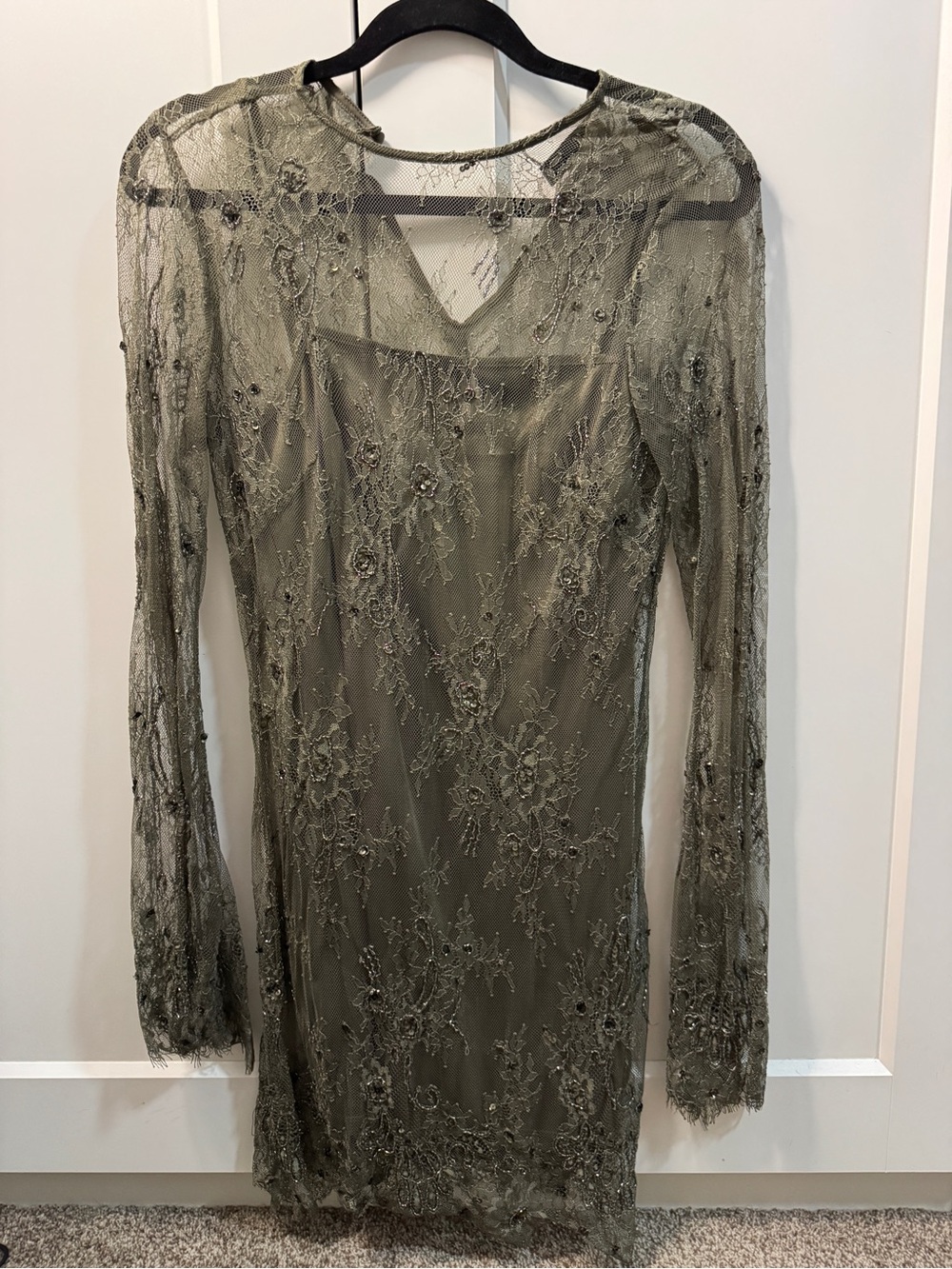Taupe/Olive Green Lace Long-Sleeve Sheath Dress